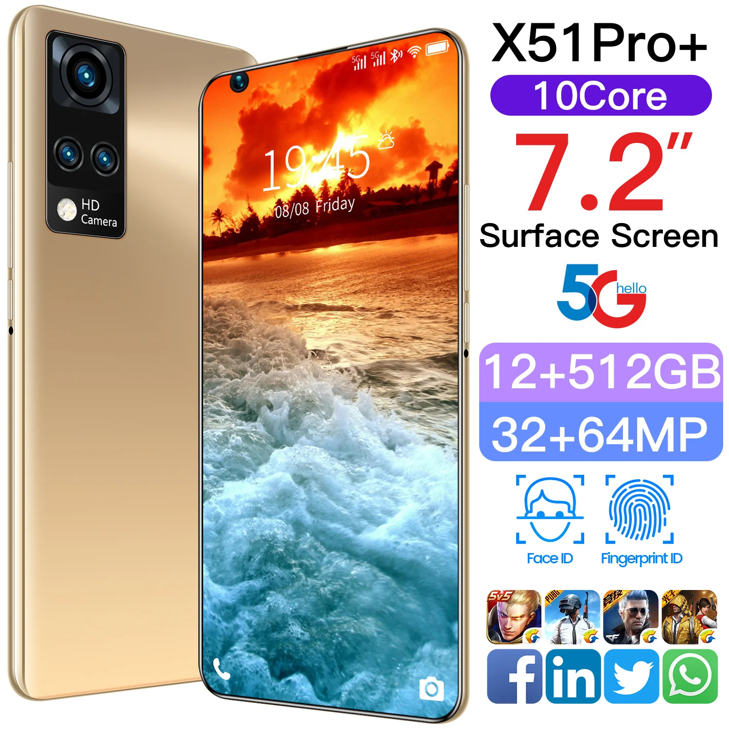 

X51PRO+ 7.2Inch Smartphone 6800mah Android 10 Dual SIM 5G 32MP+64MP HD Camera Face Wake 12GB+512GB Global Version CellPhone