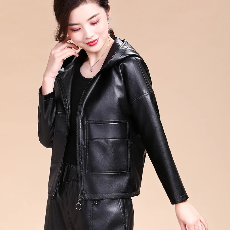 

New Womens Hooded Pu Leather Jackets Ladies Loose Soft Sheepskin Leather Coat Plus Size 5XL Female Clothing Chic Outerwear