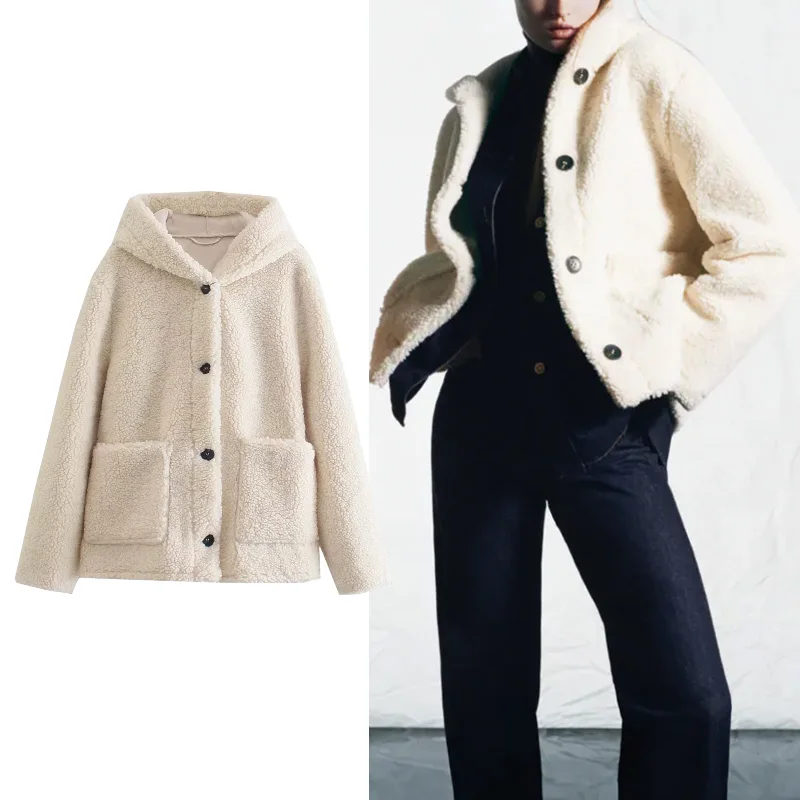 

Куртка женская осенняя флисовая однобортная с капюшоном и длинным рукавом