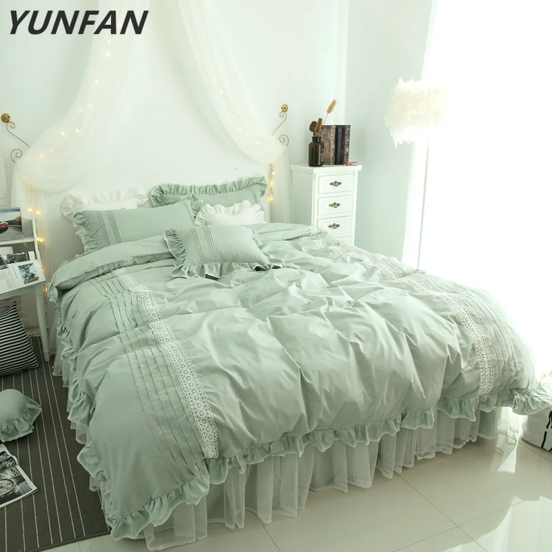 

Pure cotton lace Bedding Set green Duvet Cover Set Bed Linen Tassels Luxury princess bed skirt sets twin queen king bedclothes