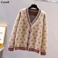 cozok 2021 new autumn korean fashion women v neck button knit sweater long sleeve cardigan loose oversize casual england coat