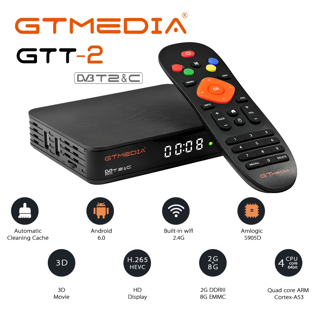 

GTMEDIA GTT-2 Android 6.0 TV Box Satellite Receiver 4K DVB-T2/cable/ISDB T Amlogic S905D 2+8GB H.265 Built-in WIFI 2.4G TV Box