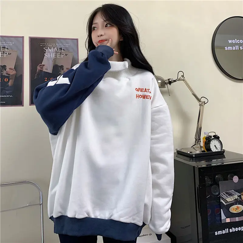 

Harajuku Kawaii Oversized Loose Sweatshirt Top Schoolgirl Streetwear Winter Fleece Long Women Pullovers Patchwork Sweatshirts