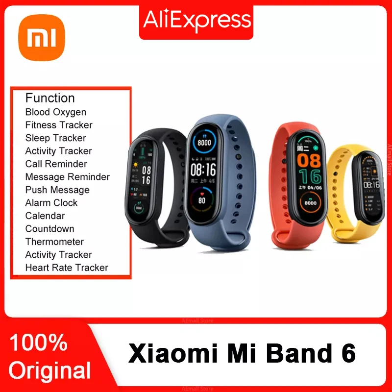 

Xiaomi Mi Band 6 Bluetooth Смарт-браслет пульсометр фитнес-трекер Обнаружение кислорода в крови Новая глобальная версия 5 атм водонепроницаемый