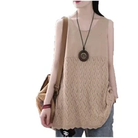 women summer new retro literary knitted vest female large size loose cover belly vest mid length sleeveles outer vest jacket a75