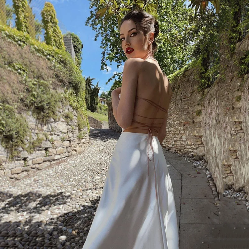 

White Spaghetti Strap Sexy Party Dress Women Strapless Backless Slit Y2K Summer Dresses Elegant Holiday Outfits Solid Clubwear