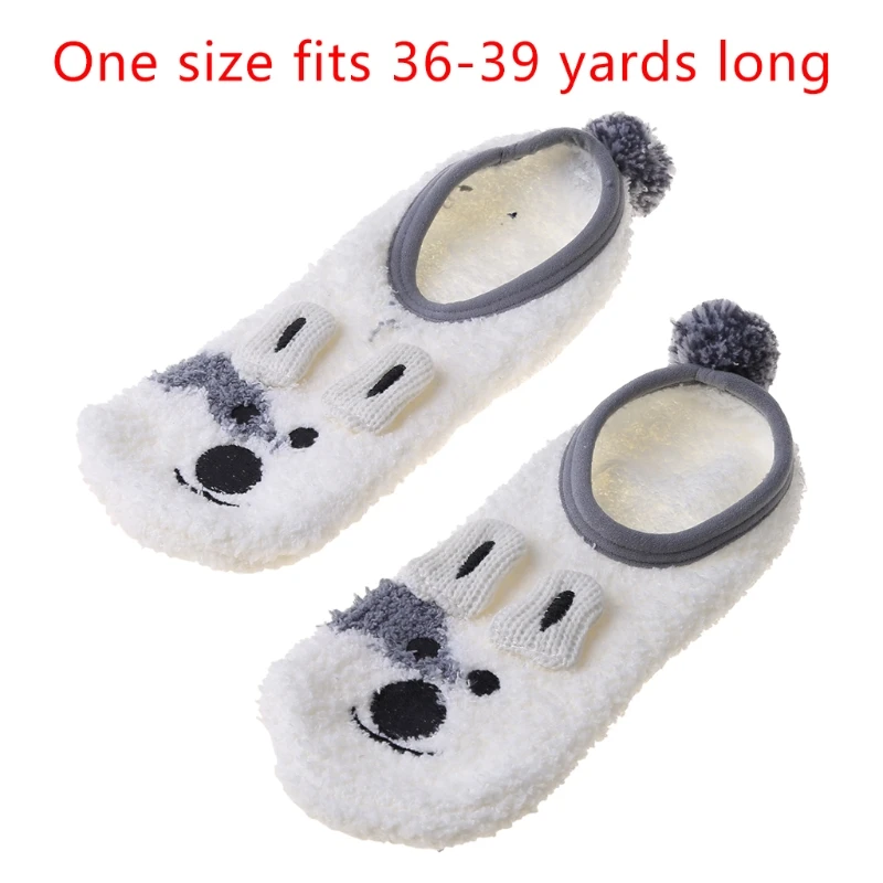

H9ED 1Pair Women Winter Fuzzy Warm Slipper Floor Socks Cute Cartoon Animal Embroidery Coral Velvet Hoisery Footlet Sock Sleeping