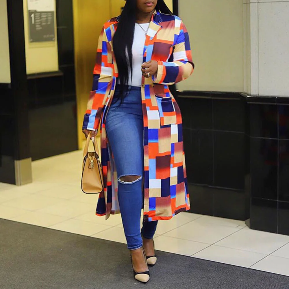 Цветное клетчатое длинное пальто для женщин размера плюс модная повседневная