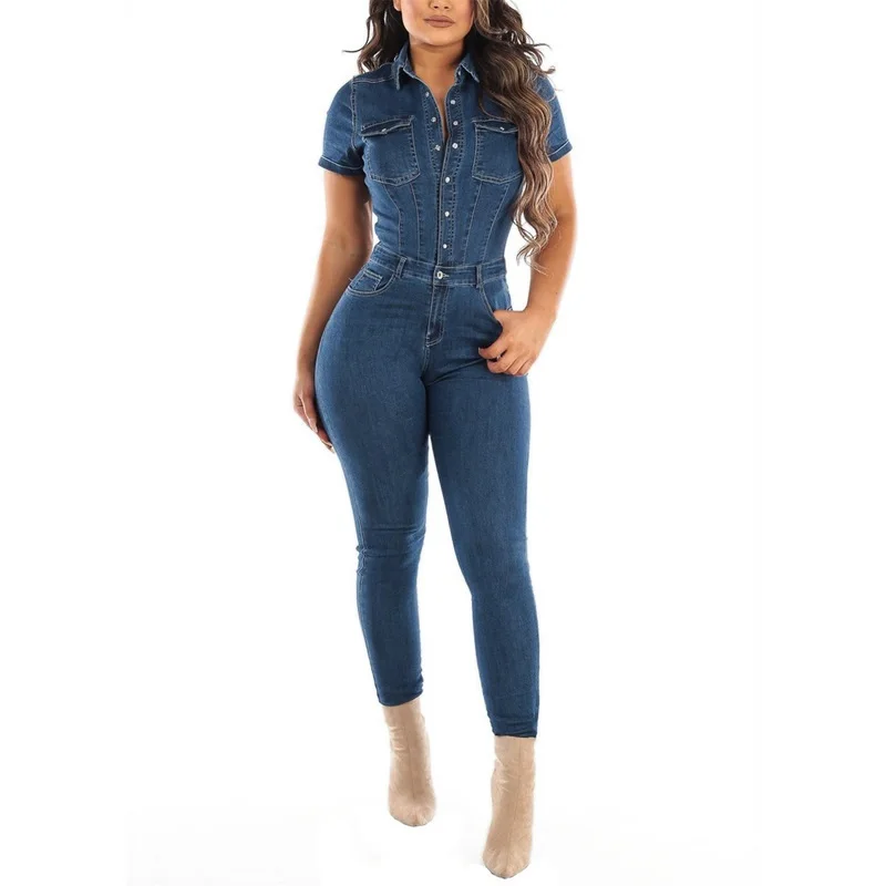 

High Waist Bodycon Jumpsuit For Women Turn Down Collar Sine-Breasted Denim Romper Sexy Short Sleeve Tight Overall
