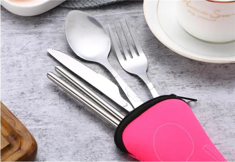 Online 4Pcs Reusable Sendok Garpu Set Perjalanan Kotak Makan Siang Peralatan Pisau Garpu Sendok Sumpit Set Berkemah Dengan Kasus Neoprene SN2111
