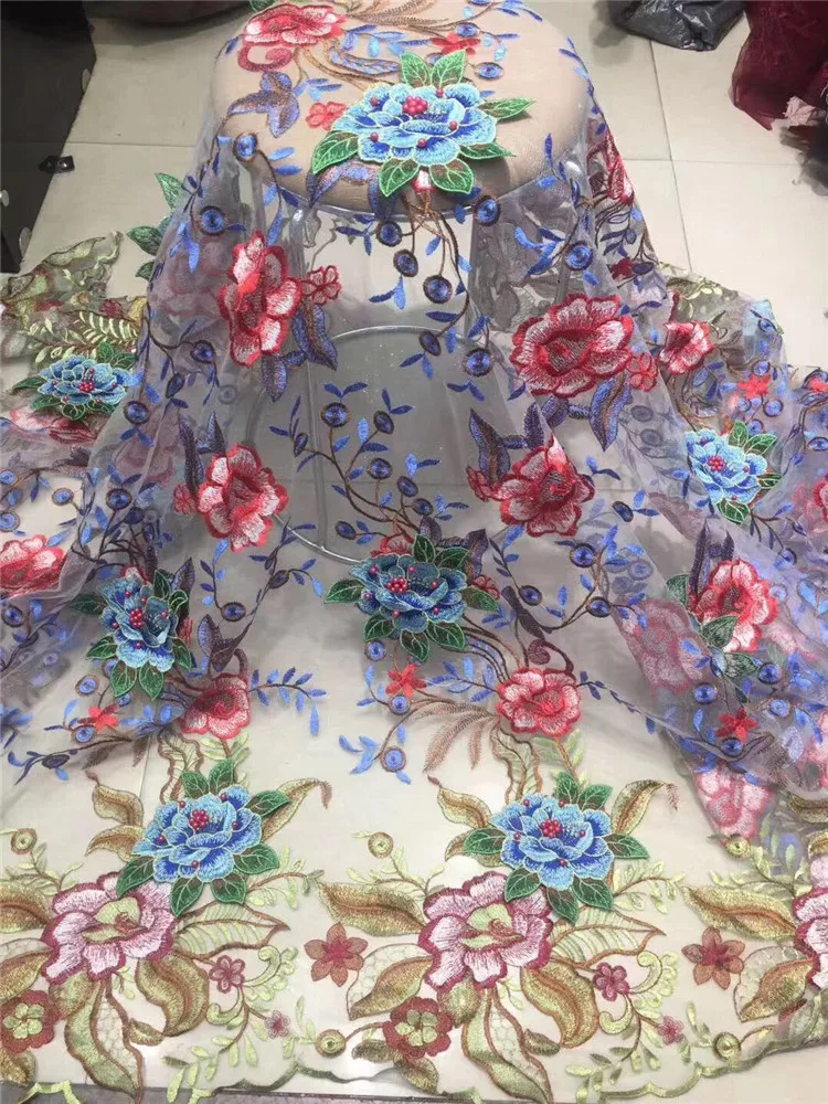 2020 африканская кружевная ткань синяя вышивка нигерийские бусины ткань.