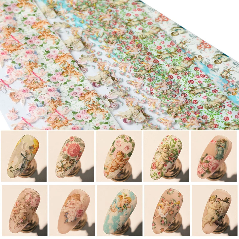 

10 Sheets/Set Flower Nail Foil Angel Pattern Nail Art Stickers Spring Summer Transfer Nails Stickers DIY Nail Art Decorations