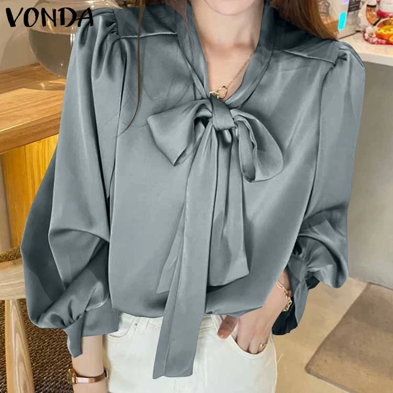 

VONDA женская блузка с воротником-бантом и оборками осень 2022 однотонные Атласные Рубашки с длинным рукавом повседневные свободные топы для ве...