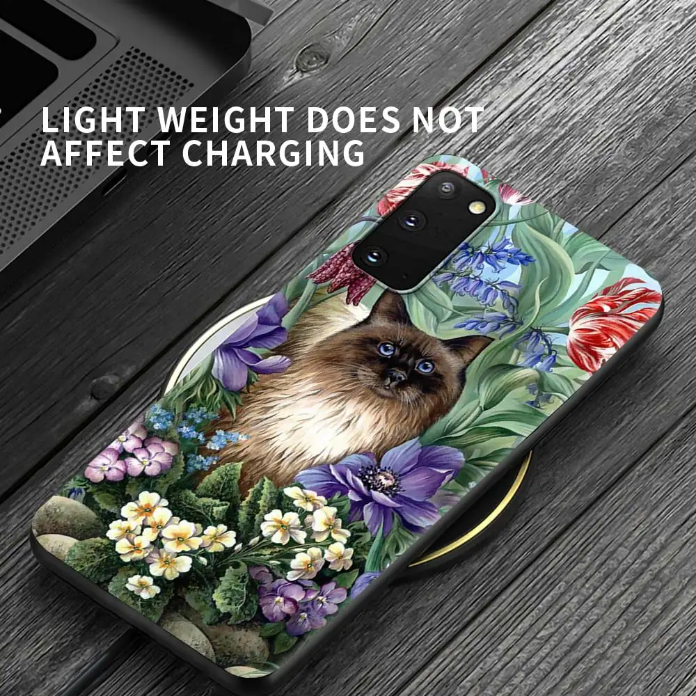 

Cat With Flowers Case For Samsung Galaxy S20 FE S21 S10 S9 S8 Plus Note 20 Ultra 8 9 10 Lite Black Soft Phone Fundas