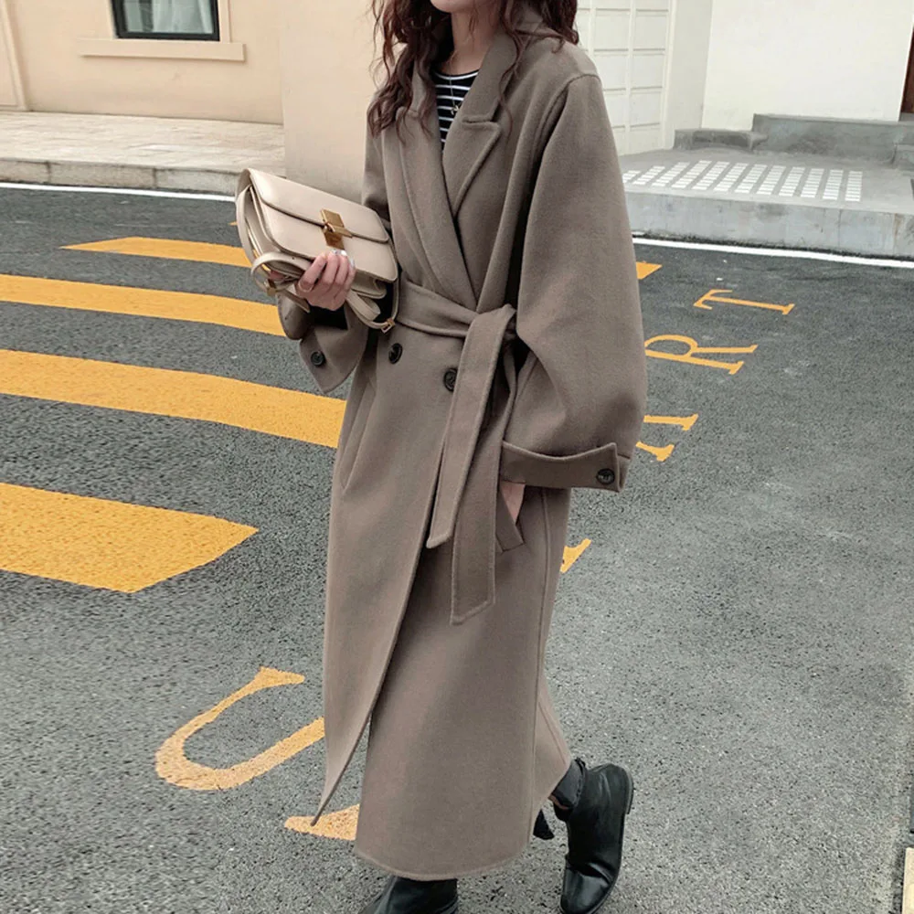 

Regular Loose Double-Breasted Lace-Up Long Women's Wool Coat Mid-length Lacing Woolen Ladies Coat Thick Overcoat Street Wear