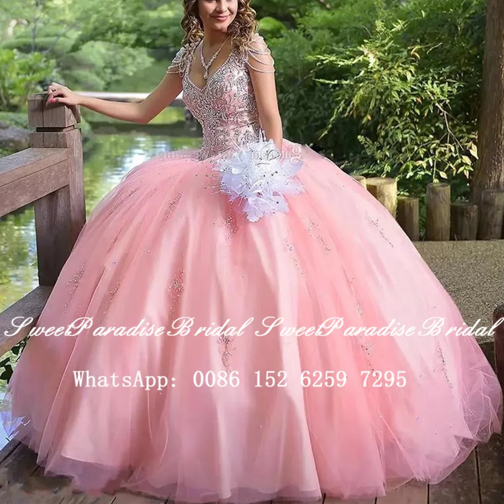 

100% Real Photos Pink Quinceanera Dresses With Beads Crystal Tassels Sleeves Ball Gown Pageant Dress Prom Vestidos De 15 Anos