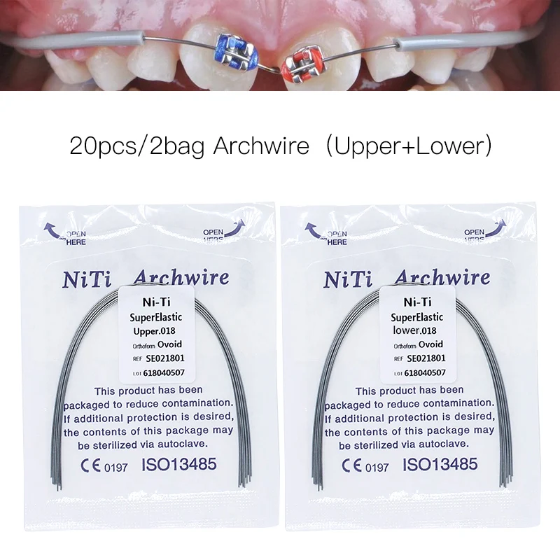 

20pcs/2bags Dental Orthodontic Super Elastic Niti Archwires Mounted Brackets Braces Ovoid Rould Form (10pcs Upper+10pcs Lower)