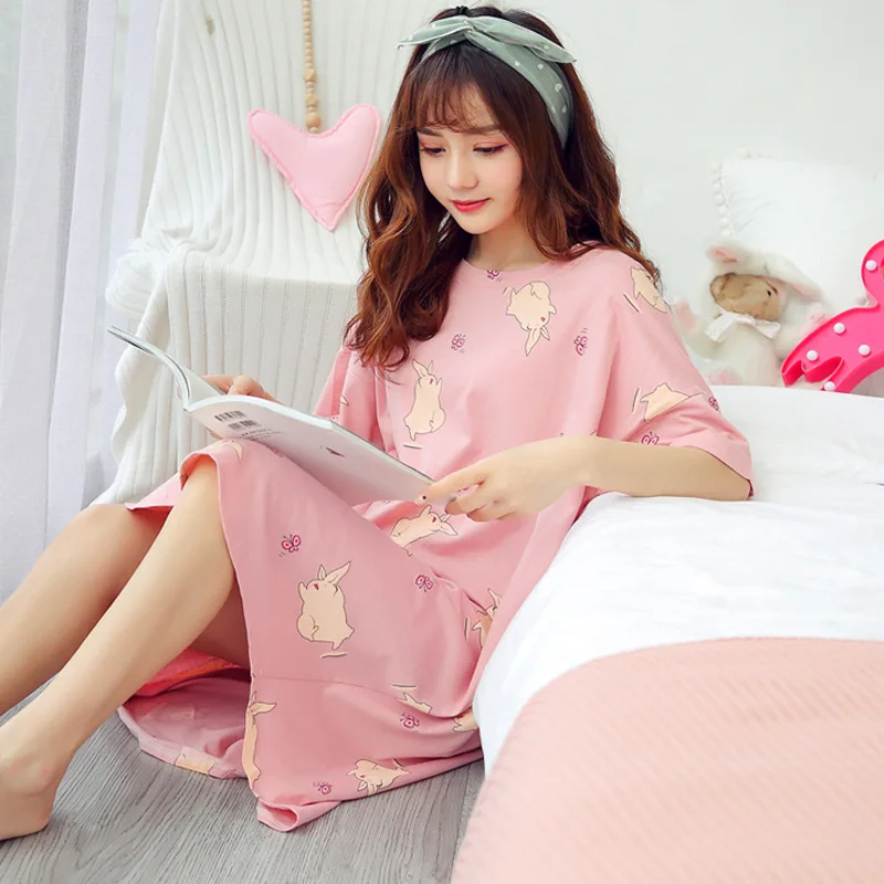 2022 Spring and Summer Women's Nightdress Cute Printing Loose and Comfortable Nightwear Home Service Sexy Sleepwear Sleep Tops
