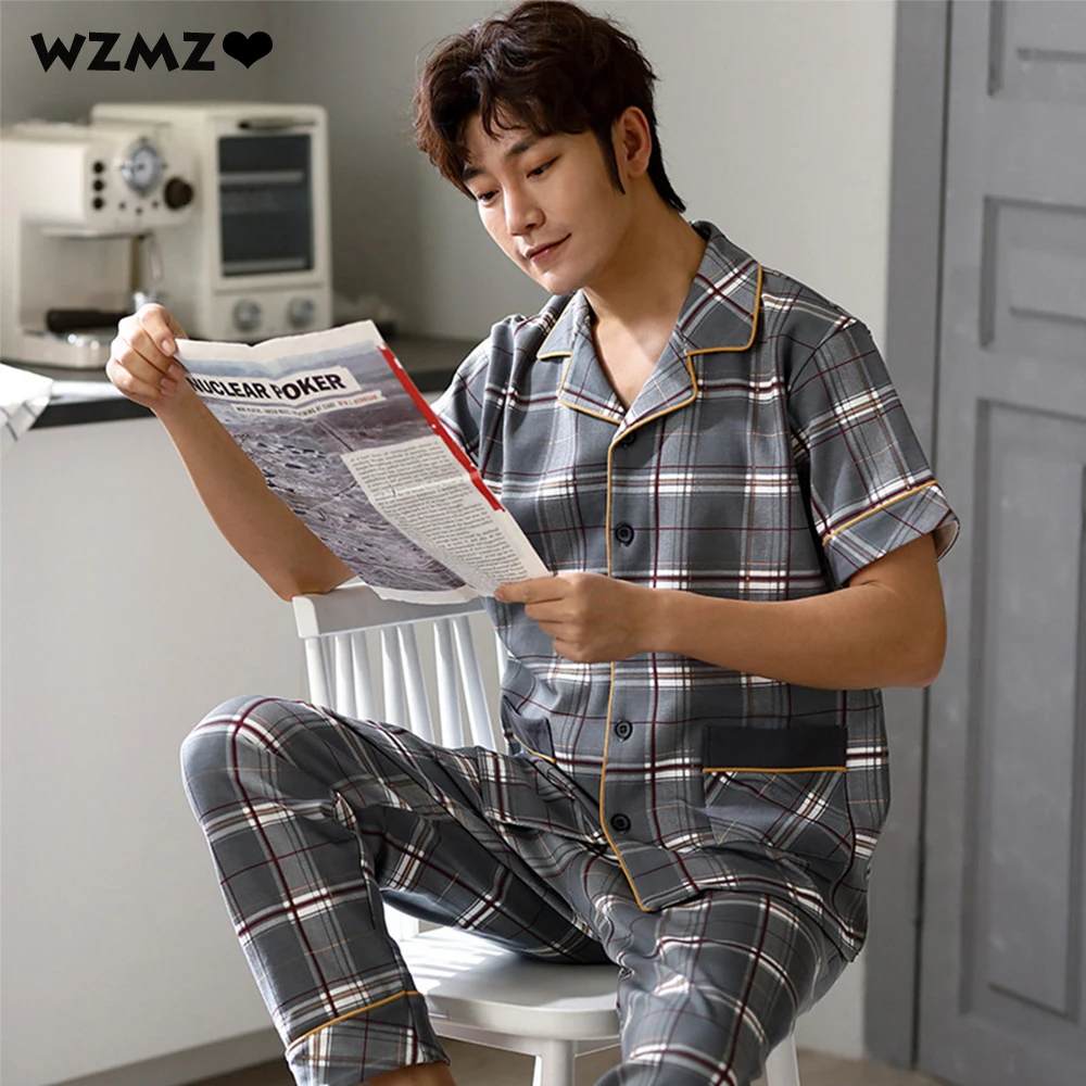 Men's 100% Cotton Pajama Summer Thin Breathable Sleepwear Suit Casual Stretch Plaid Pajama sets Comfortable Plus Size Pijama 3XL