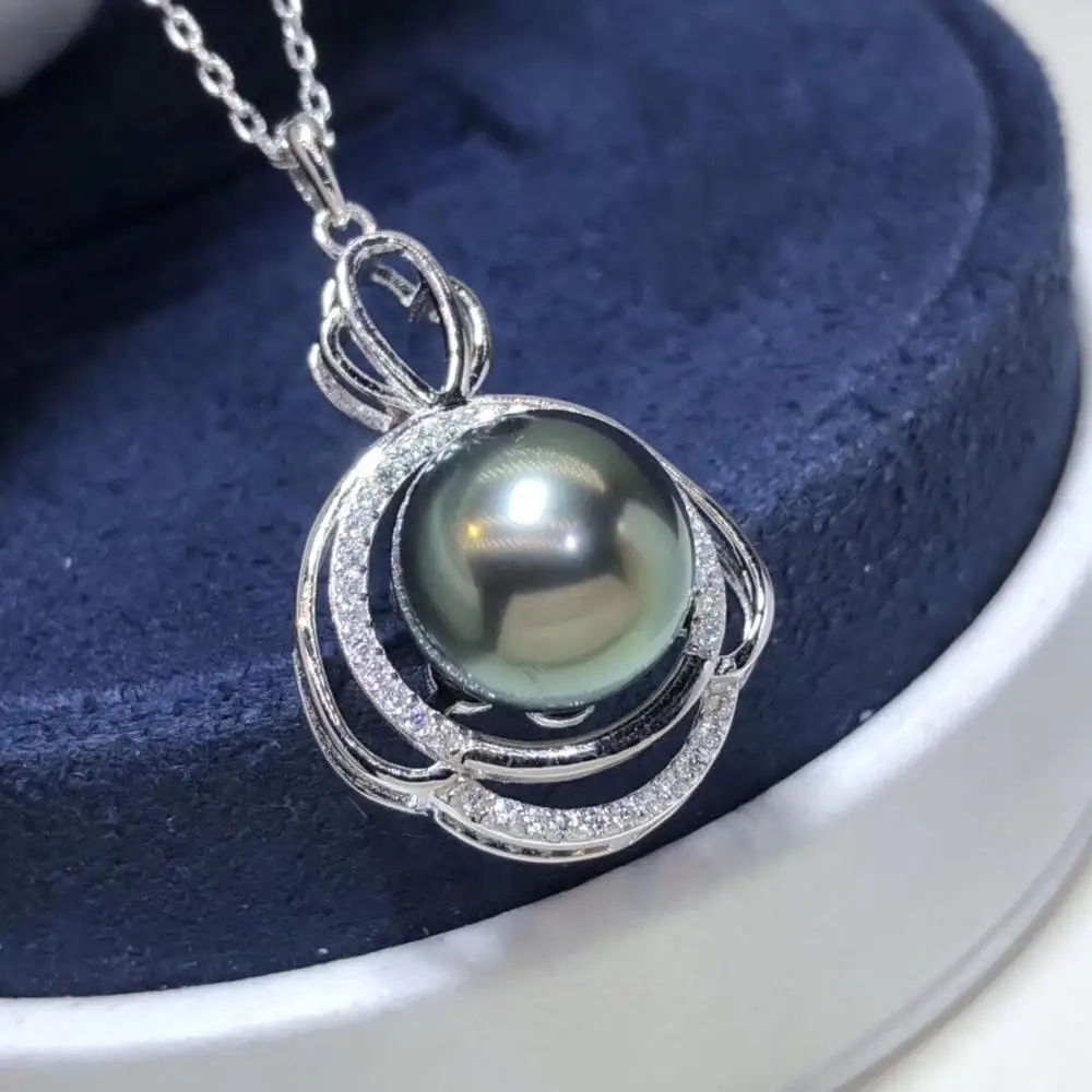 

D110 изящное ювелирное изделие из стерлингового серебра 925 пробы с натуральным океаническим жемчугом Tahiti 12-11 мм подвески ожерелья для женщин ...