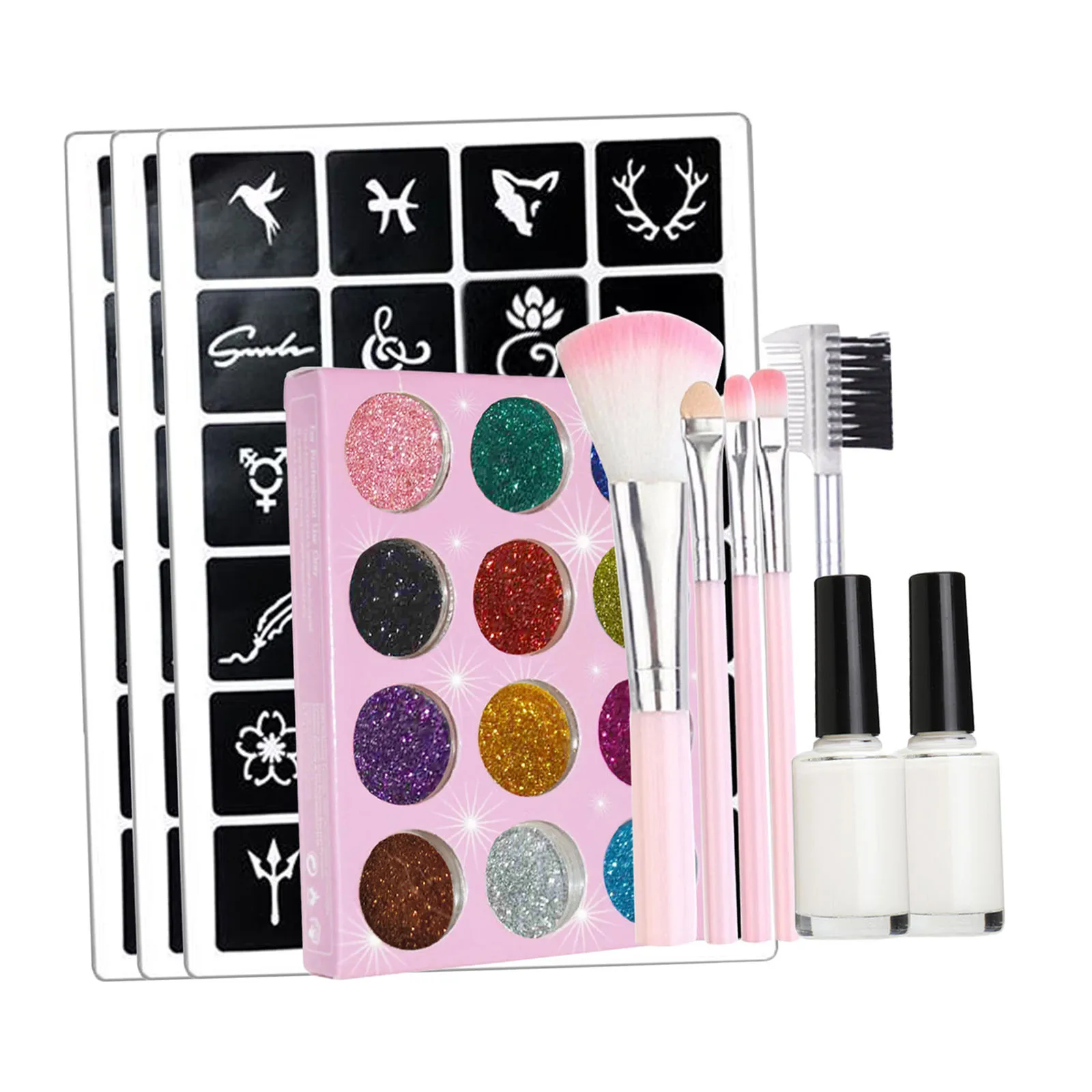

DIY Body Glitter Tattoo Kit 12 Color Glitter Powder 72 Pcs Stencils Glue Set