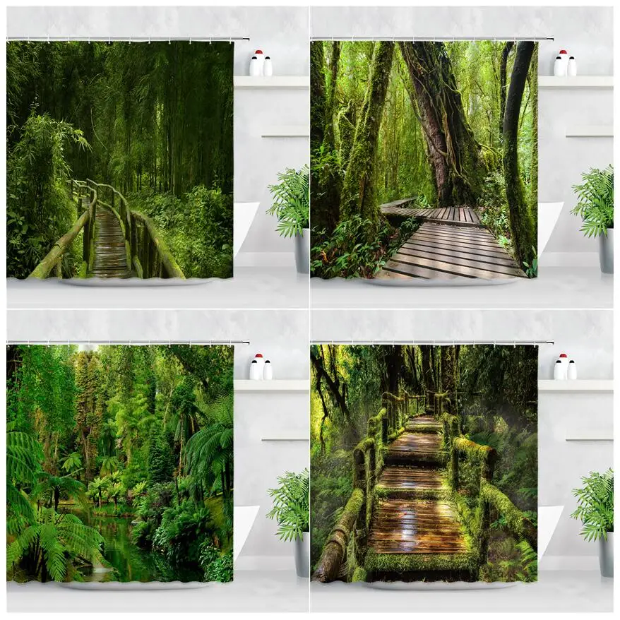 

Тропический лес, деревянный мост, занавеска для душа, s зеленый мох, растение, весенний пейзаж, Настенный декор, ткань, водонепроницаемая Фот...