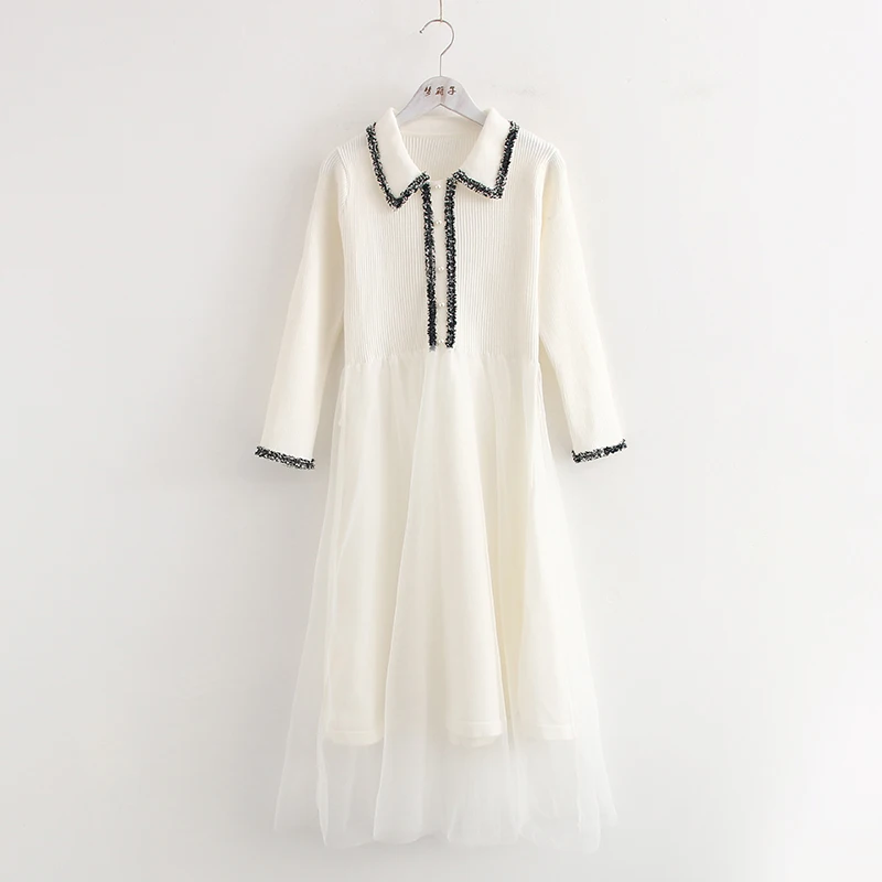 Вязаный топ кружевное Сетчатое лоскутное зимнее платье в стиле Лолиты|Женские