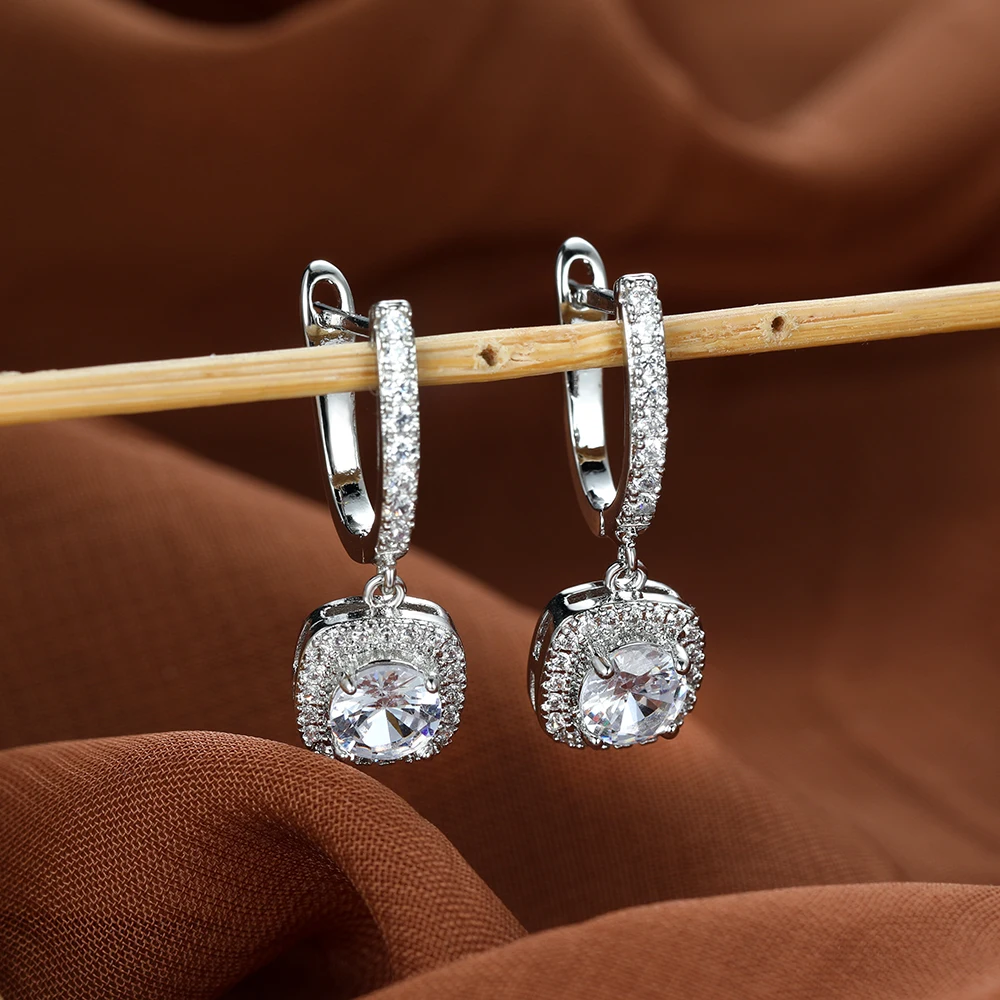

Exquisite Bridal Wedding Earrings White Gold Color Square White Zircon Hoop Dangle Earrings Anniversary Festival Jewelry Gift