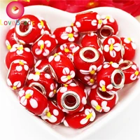 10pcs red color 3d lily flower round big hole glass spacer beads fit pandora bracelet snake chain loose beads for jewelry making