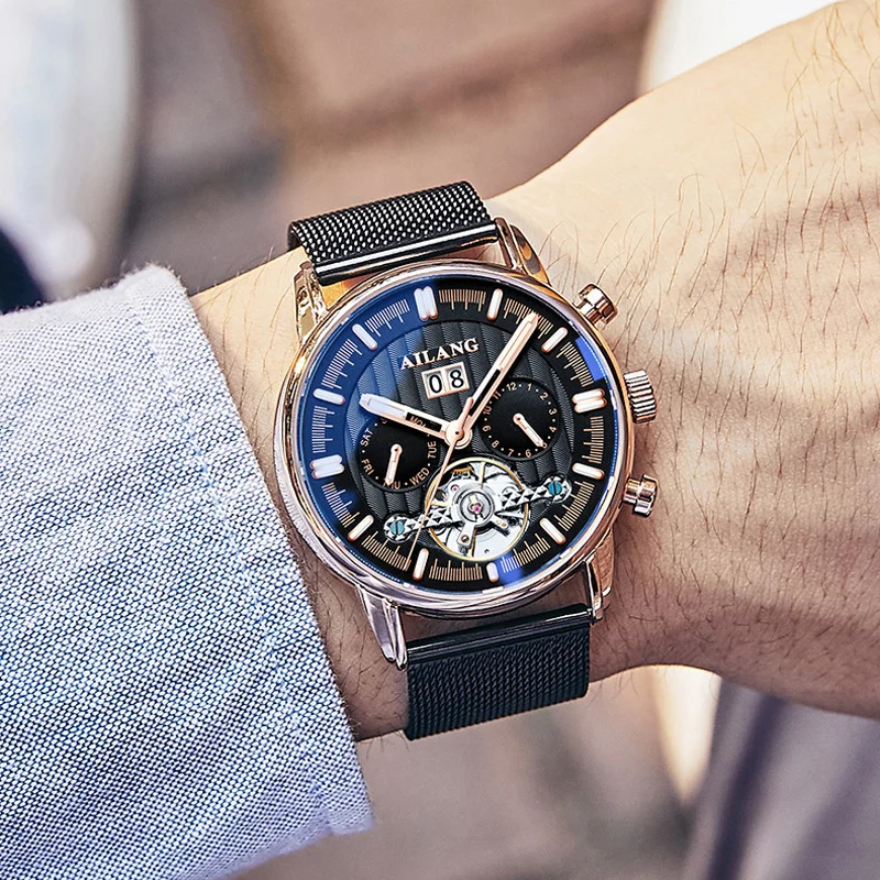 

AILANG Tourbillon Automatic Mechanical Watch Men Top Brand Luxury Hollow Watches Leather Waterproof Male Clock Relogio Masculino