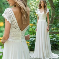 sexy v neck chiffon beach wedding dresses 2021 lace court train bridal gowns plus size vestido de bodas open back vestido