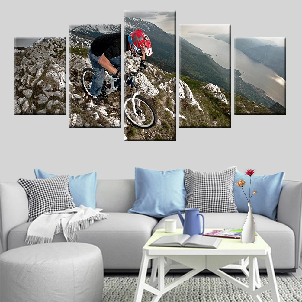 Экстремальные виды спорта горный велосипед скала пейзаж картина плакат 5 панелей