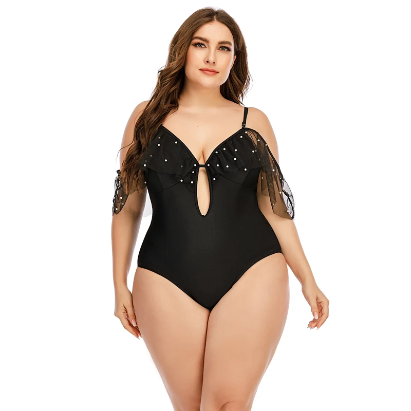 

One Piece Swimsuit For Girls Lace Ruffle White Dot Bikinis 2021 Women Swimwear Push Up Black Hollow Out Female Bodysuit Oversize