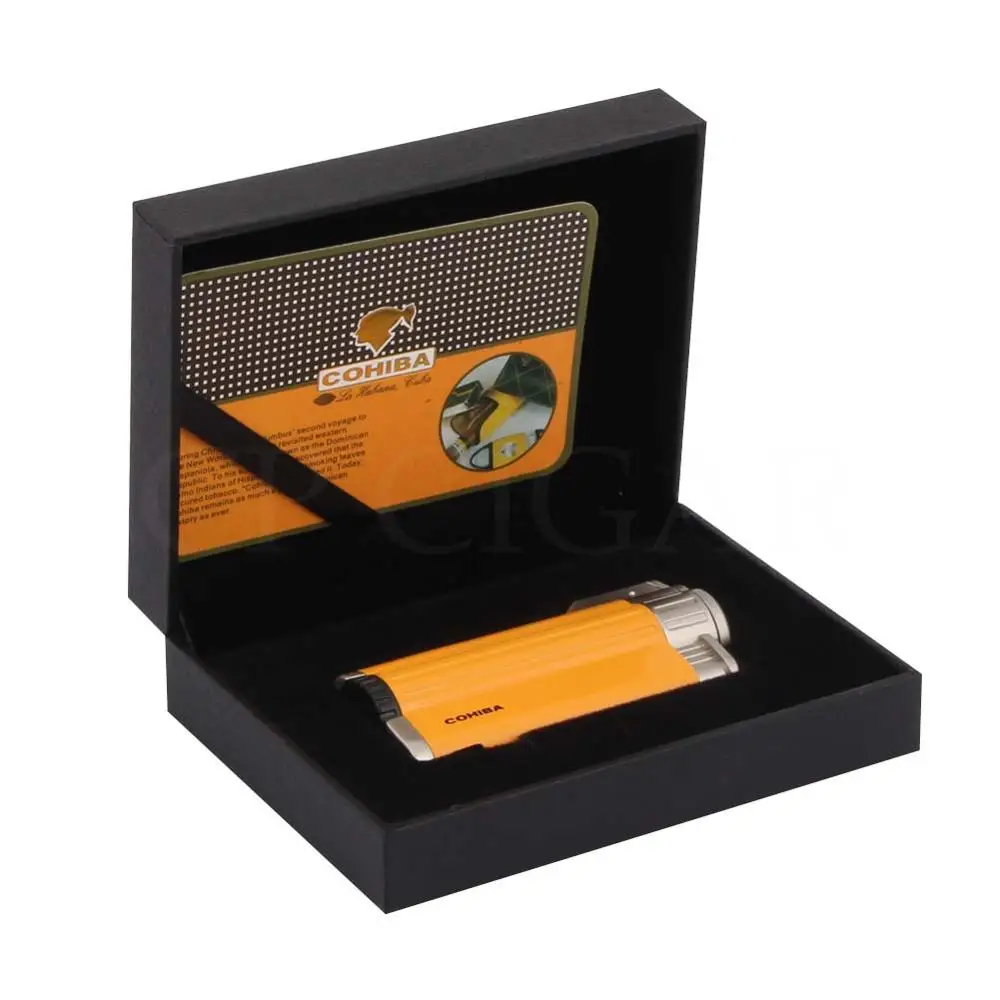 COHIBA карманные зажигалки для сигар 3 струйный фонарь ветрозащитная зажигалка бутан металлическая портативная Зажигалка для прикуривателя многоразовая W/Подарочная коробка