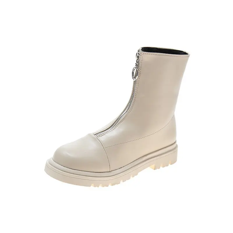 

2021 Winter Women's Shoes Boots ZIP Solid Round Toe Fashion Concise Med Heels Square Heel All-match Warm