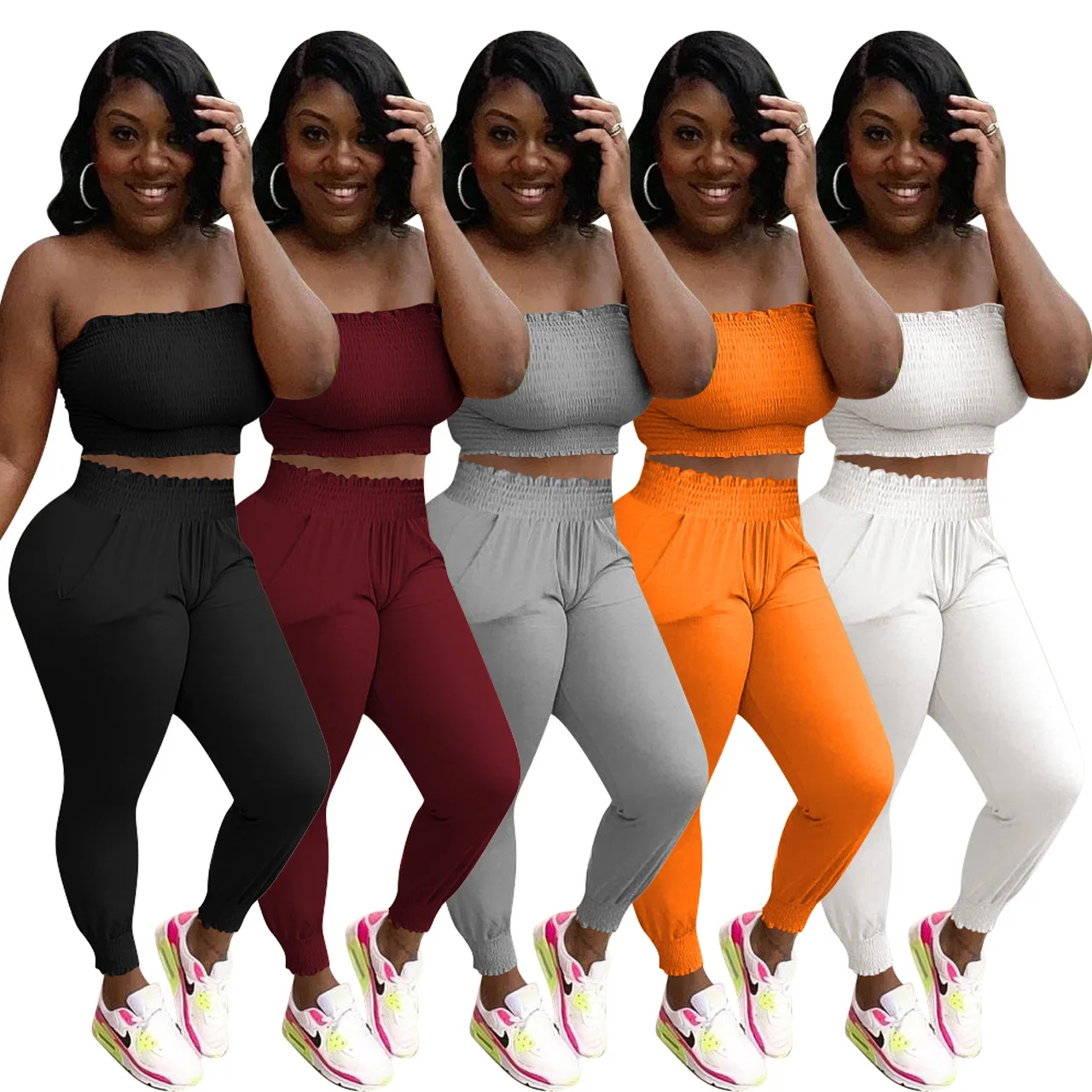 

Chiclover Sexy Tracksuit Wholesale Items Casual Streetwear Two Piece Set Women Strapless Elastic Pleated Sweatpants Trouser Sets