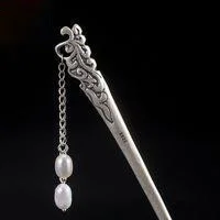 

Original design Thai silver retro hairpin pearl tassel Chinese pattern craft charm light luxury lady silver jewelry