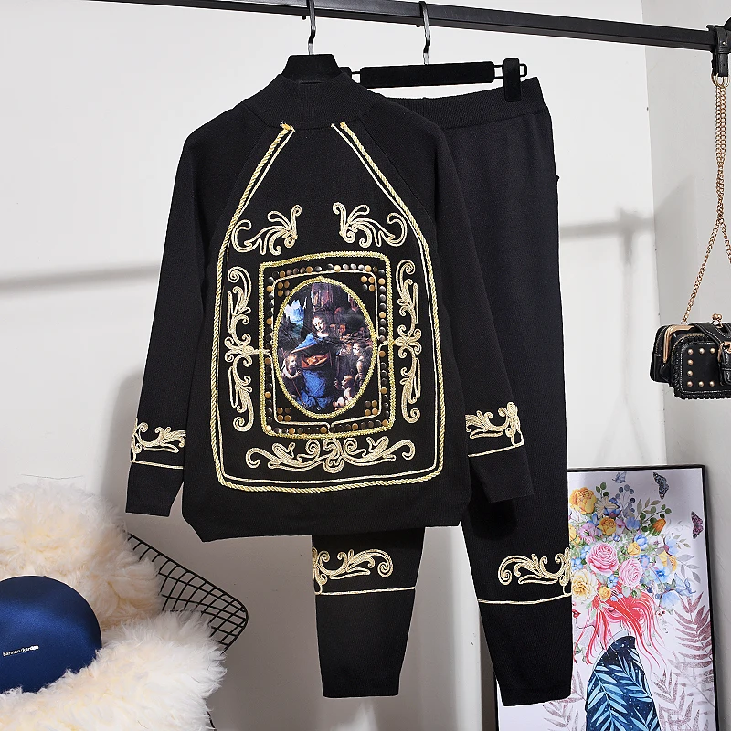 

Женский трикотажный спортивный костюм, кардиган с вышивкой и длинным рукавом, вязаный свитер с золотистой веревкой и комплект из 2 предмето...