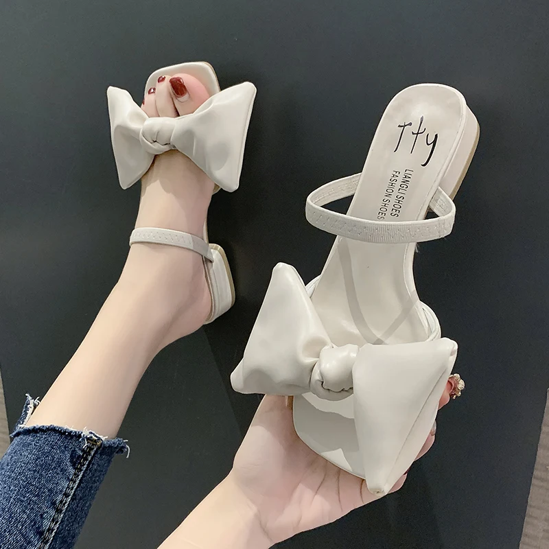 

Shoes Woman's Slippers Butterfly-Knot Low Square heel Slides Fashion 2021 Block Luxury Rome PU Butterfly-knot Rubber Fabric Hoof