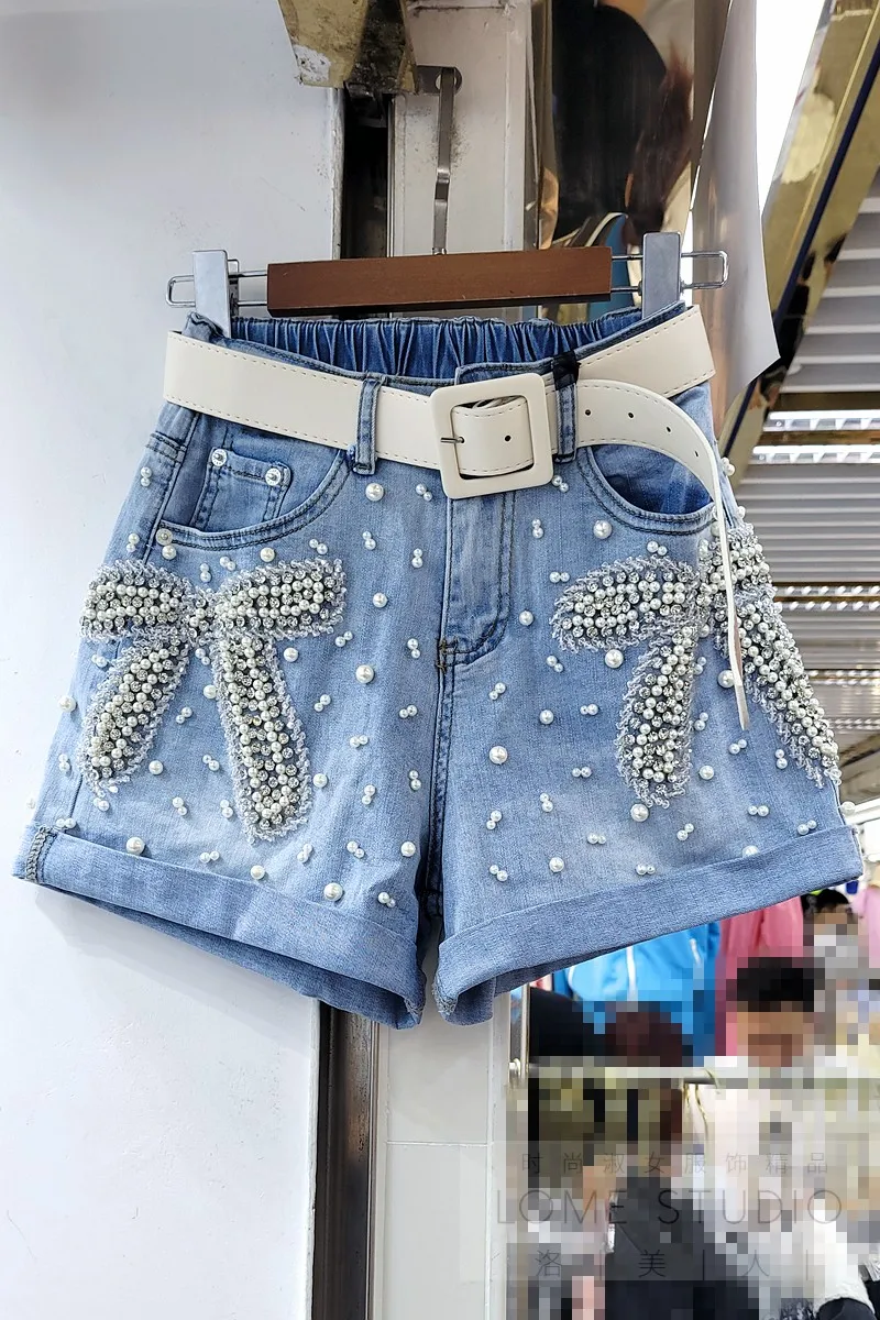 

Casual Rhinestone Embroidery Blue Denim Shorts Women's 2021 Summer High Waist Loose Slimming Wide Leg Pants