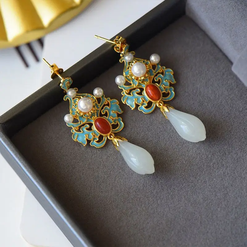 

Magnolia Ancient Style S925 Sterling Silver Earrings Chinese Style Ancient Costume Earrings Burnt Blue Ethnic Style Natural