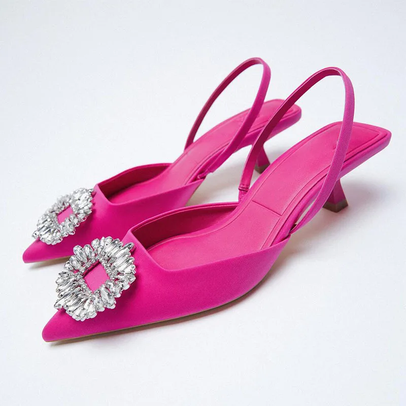 

TRAF Women 2021 Fashion Rhinestone Pointed Toe Heels Elegant Party High Heel Sandals Sexy Pointed Toe Woman Ankle Strap Pumps