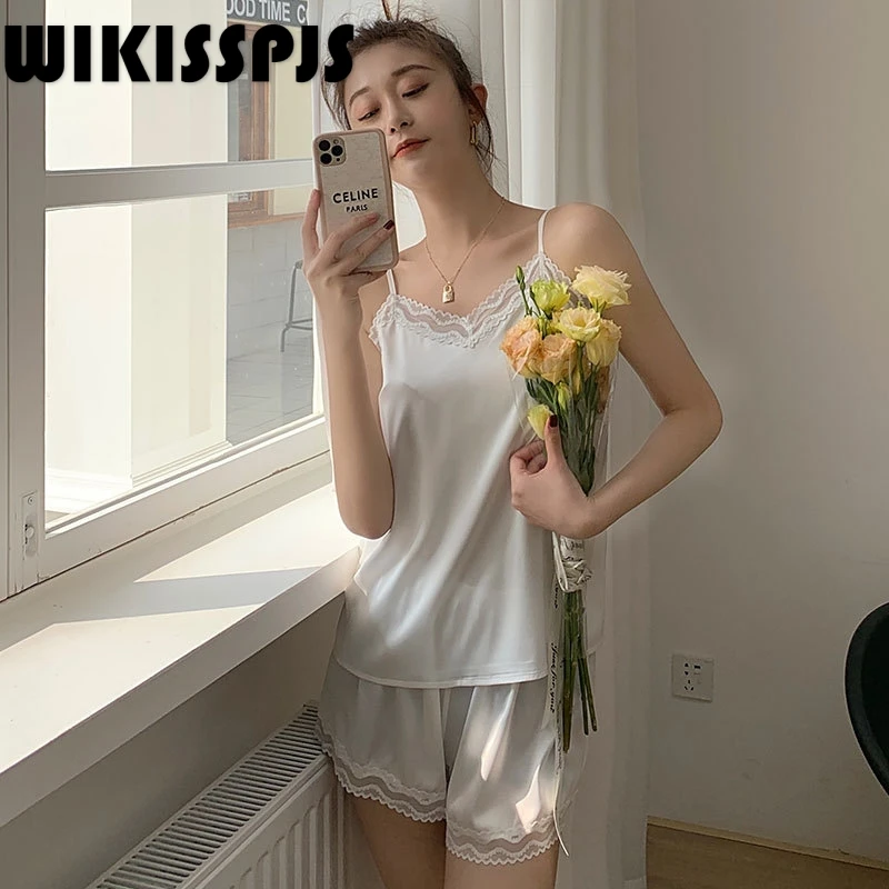 

Новинка, пижама WIKISSPJS2022, пикантная Пижама, черный пижамный комплект, летняя кружевная Домашняя одежда из полиэстера, свободный простой домашний женский комплект на бретельках