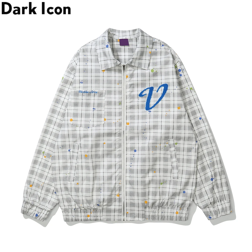 

Dark Icon Letters Towel Embroidery Plaid Men's Jacket Turn-down Collar Checkered Jackets Man