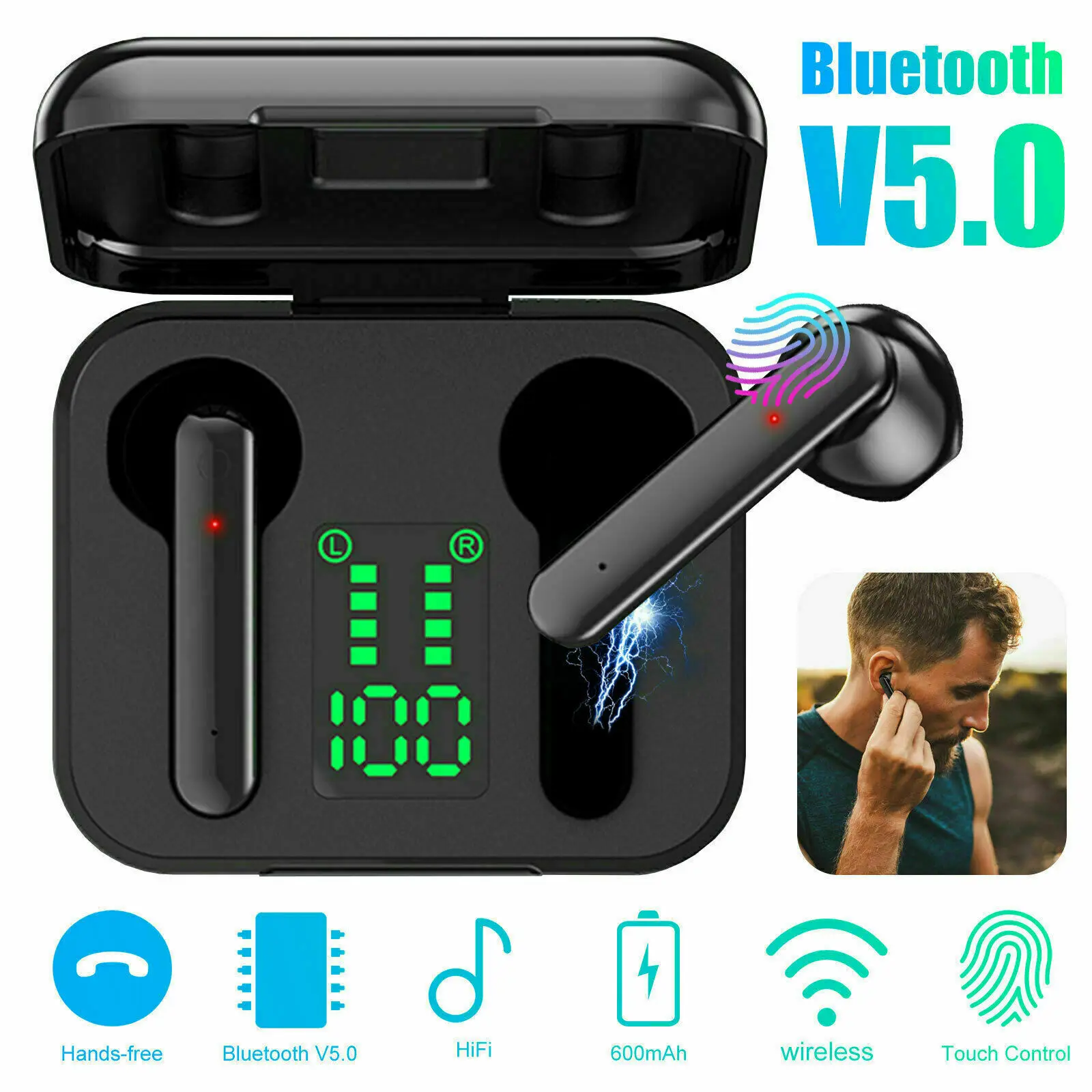 Bluetooth 5.0 WirelessHeadphones Q5 Digital display Earphones Mini In-Ear Pods For IOS Android Headset Earbuds Sports