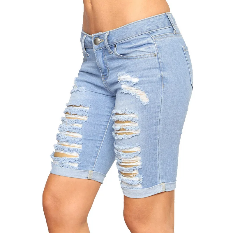 Ripped Short Jeans 2021 Summer Women Sexy Hollow Out Butt Lift High Waisted Tassel Denim Shorts Woman Skinny Knee Length Shorts
