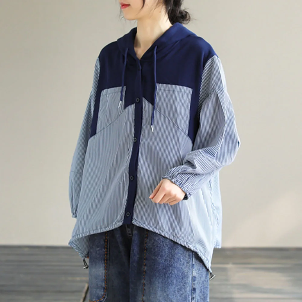 

2021 Loose Long Sleeve With Hood Blouse Autumn New Stripe Splicing Single-breasted Casual Japanese Style Women's Simplicity