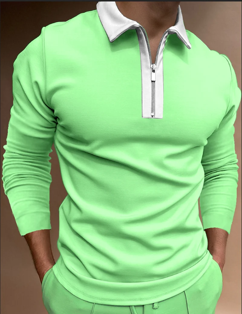 

Fashion Patchwork Printed Long Sleeve Tops Male Casual Zip-up Turn-down Collar Polo Shirts Vintage Casual Men's Slim Polo Shirts