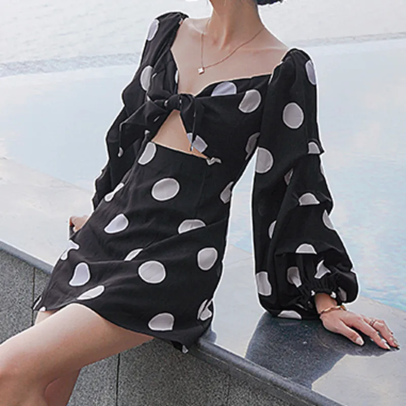 

New Summer Sexy Bow Hollow Out Dot Mini Dresses Female Vintage Puff Sleeve Holiday Boho Beach Dress Vestidos Mujer Verano 2021