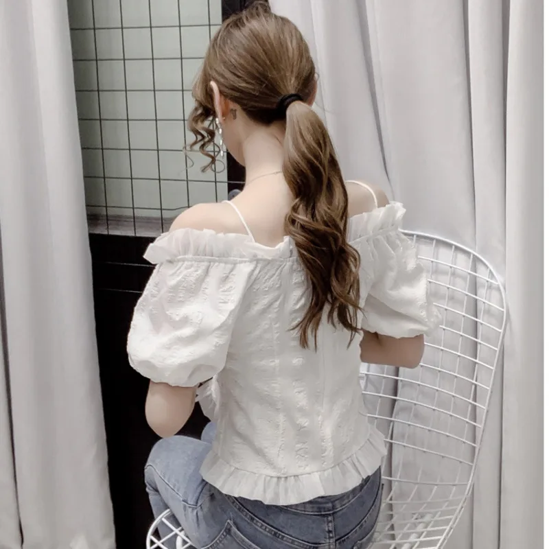 #2041 черно белая шифоновая короткая блузка женская с воротником лодочкой и